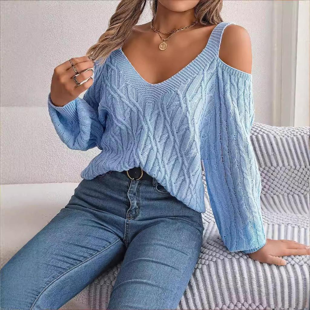 2025 Autumn/Winter Off-the-Shoulder Cable Knit Lantern Sleeve Sweater for Women