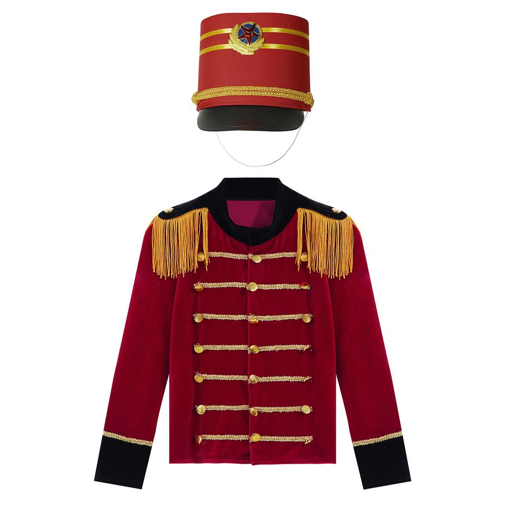 Boys Long Sleeve Tassels Shoulder Gold Braid Adorned Tops Hat Drum Trumpet Team Honor Guard Costume