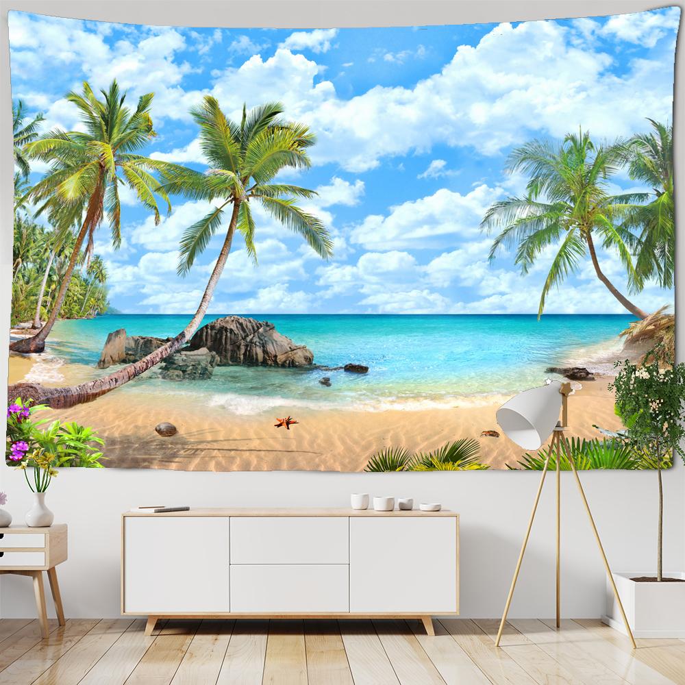 

Красивый морской пейзаж Гобелен Морской Винтажный Пляж Морской пейзаж Пальма Гобелен Настенные гобелены Бохо Спальня Настенный ковер W180xH180cm