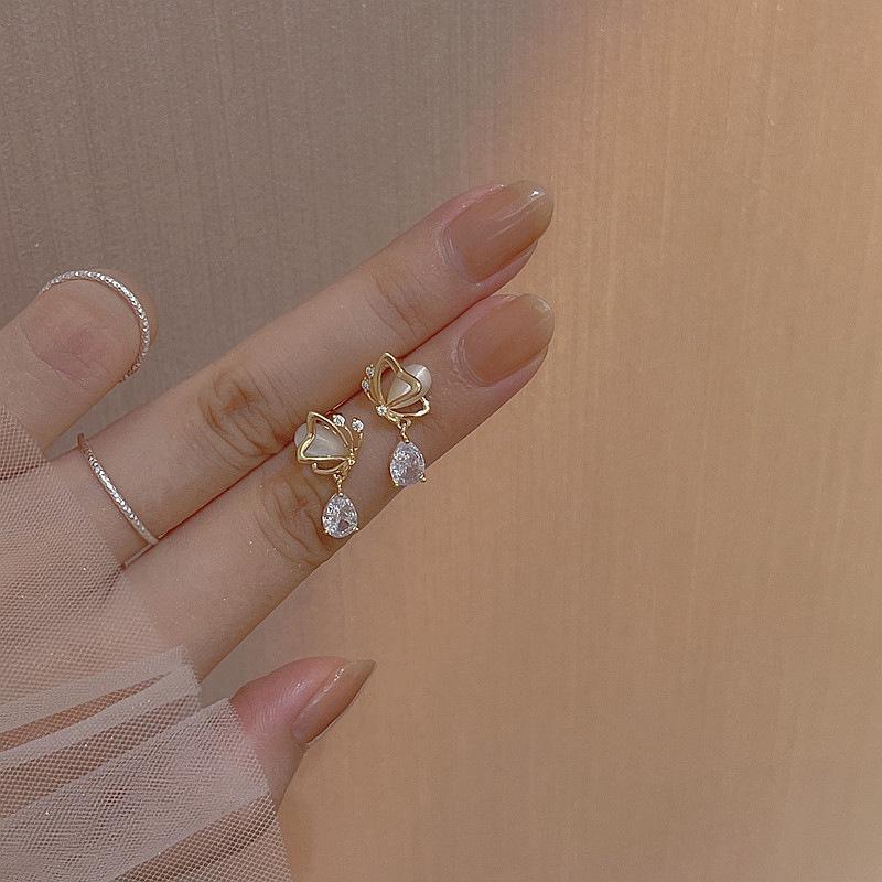 Opal Butterfly Love Water Drop Zircon's Silver Needle Earrings Women's Niche Design High-end Temperament Stud Earrings Summer
