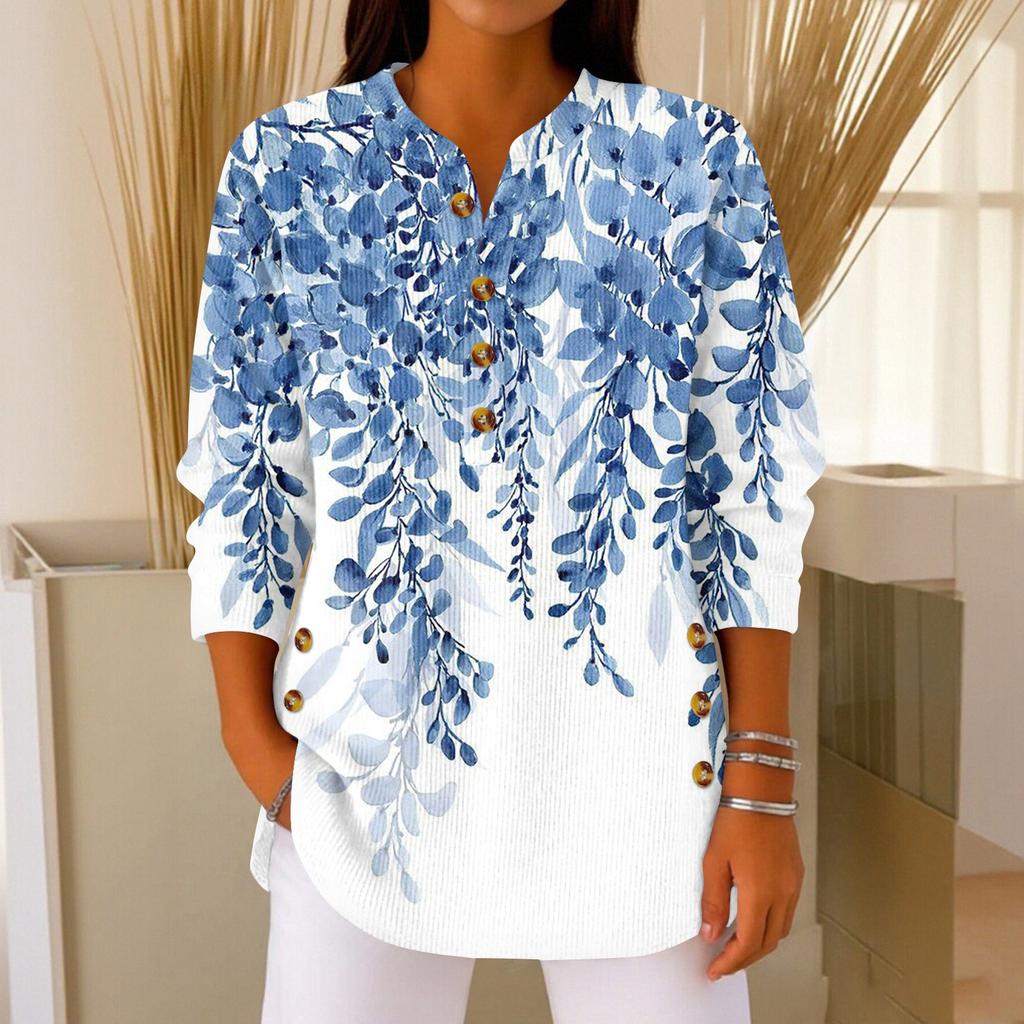 Damen Modisches Knopfkragen Langarm Weihnachtsdruck Pullover Top