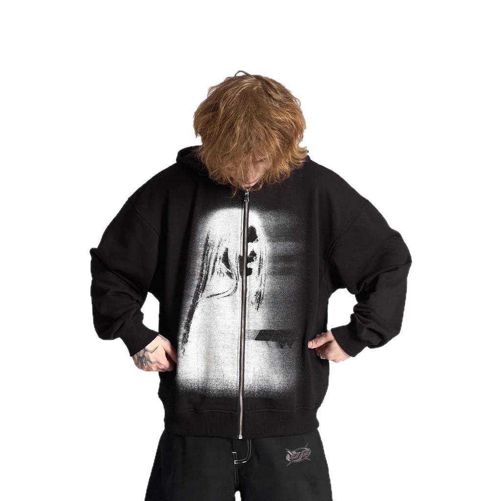 2025 Grenzüberschreitender Kapuzen-Cardigan: Unisex Streetwear Sweatshirt mit dunklem Aufdruck