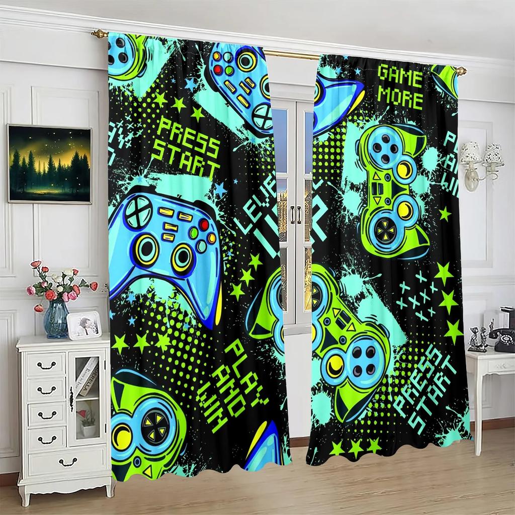 2pcs Gaming Pattern Rod Pocket Curtains   Blackout Polyester Window Drapes   Gamer Room Decor   Kids Room Decor