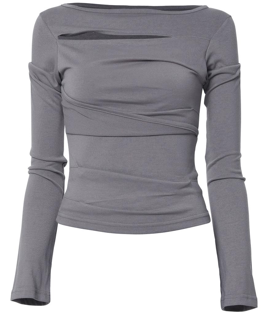 Peulleeoeob Asymmetrical Draped Long Sleeve (Fl-195_Gray)