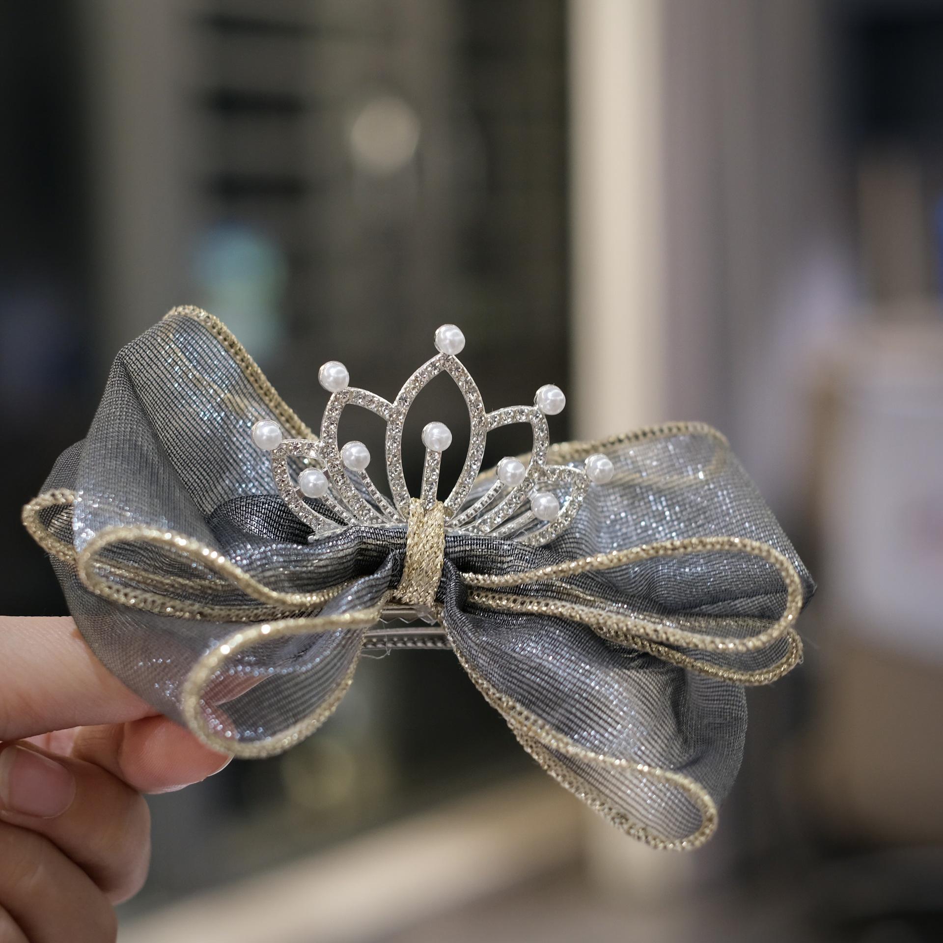3D Mesh Pearl Bow & Crown Hair Clip for Children s Birthday