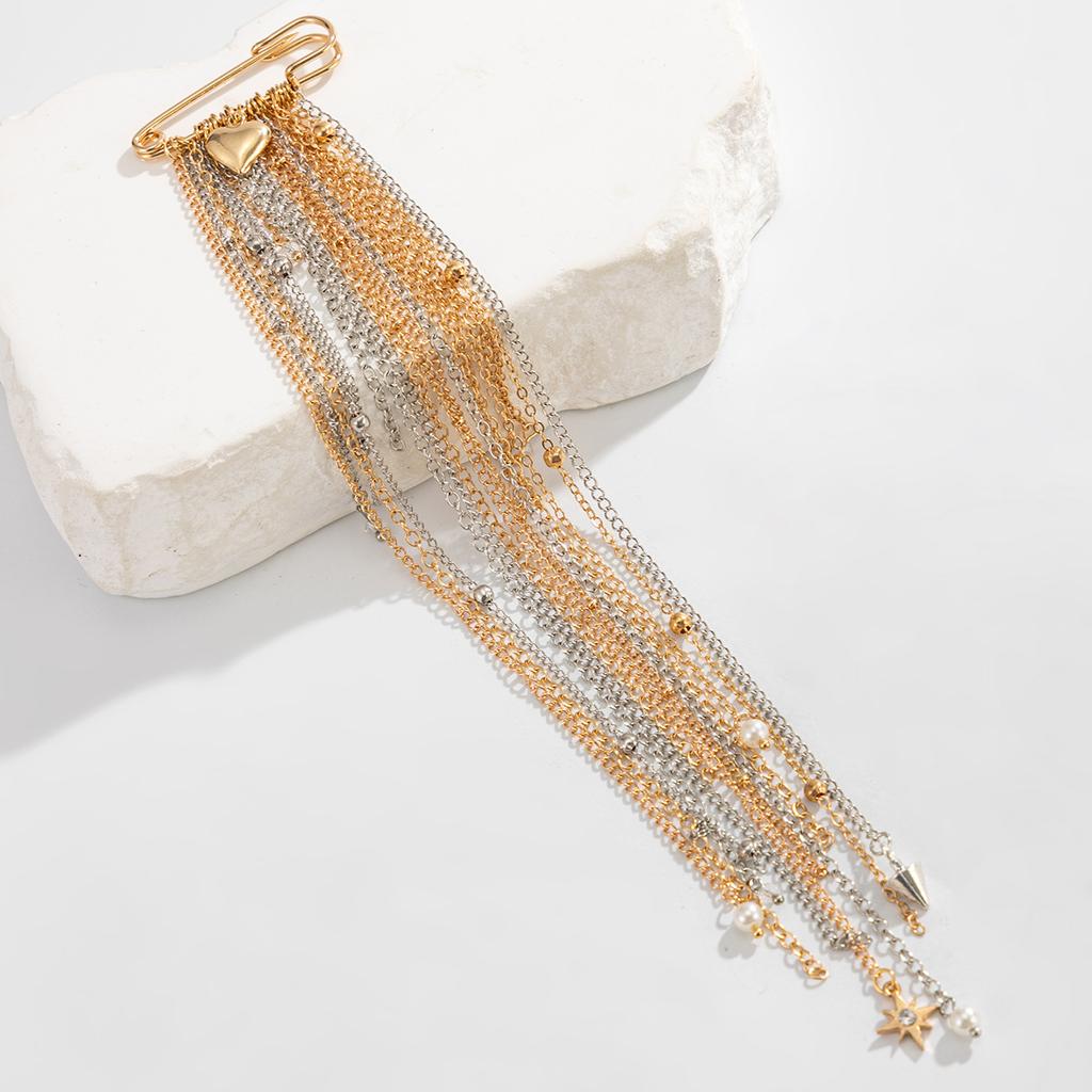 Sweet and Cool Long Flowing Su Chain Brooch, Exquisite Retro Heart-shaped Star Rhinestone Fixed Brooch, Hip-hop Multifunctional Accessory Gift