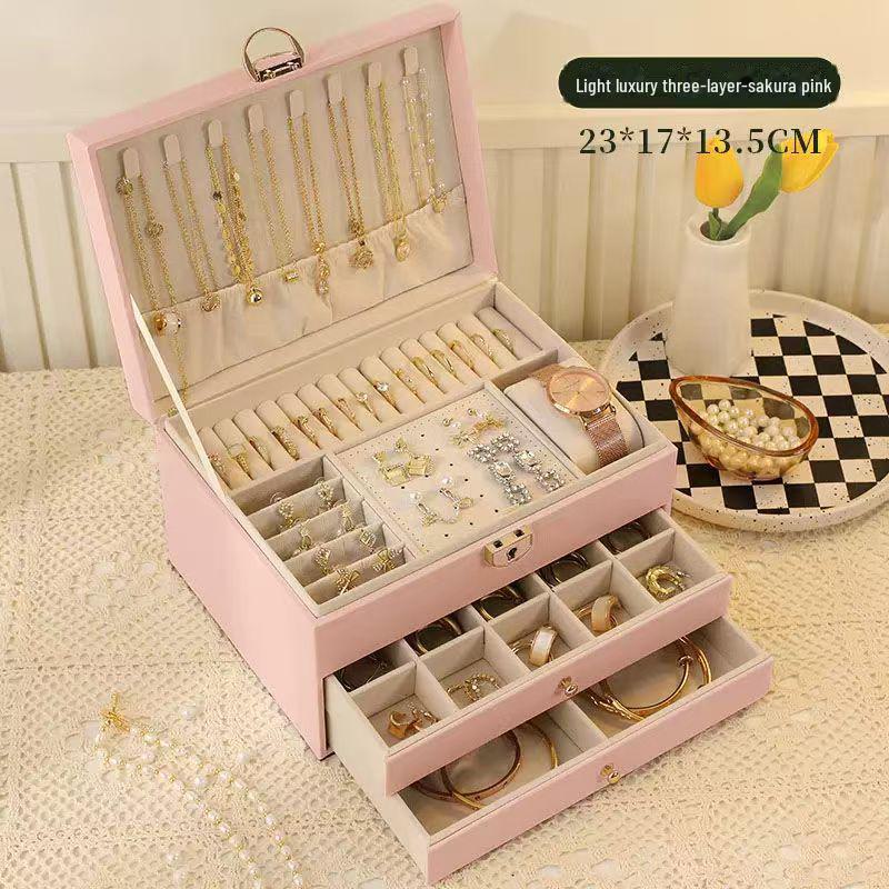 Exquisite dreischichtige Schmuckaufbewahrungsbox mit großem Fassungsvermögen und mehrschichtiger Schublade für Halsketten, Ohrringe und Handschmuck