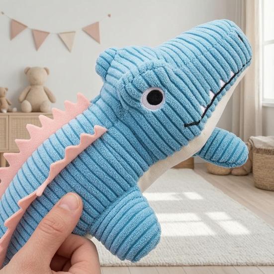 Puppy Teething Toys Corduroy Crocodile Dog Toy, Squeaky Plush Chew Soft Fabric Stuffed Animal for Small to Medium Dogs Biting, Interactive Play