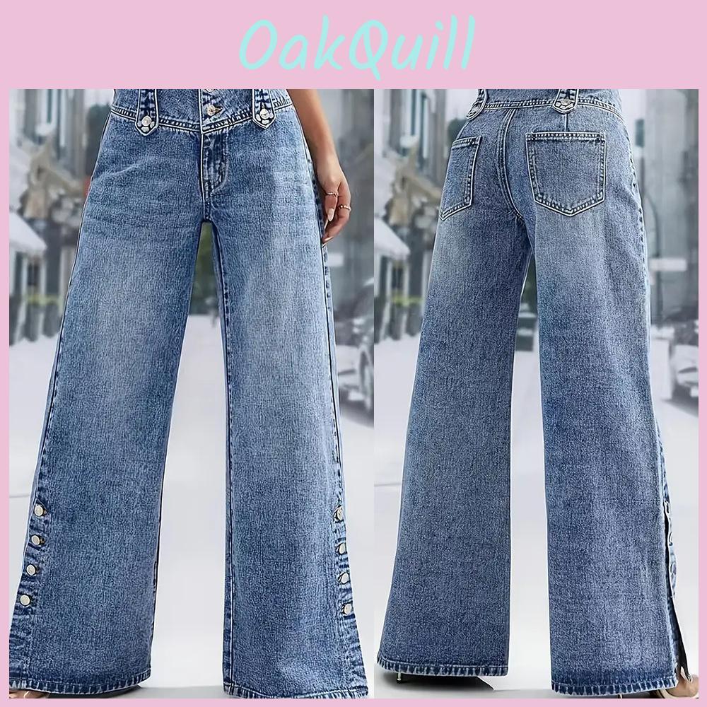 Denim Wide Leg Jeans With Open Slit And Button For Trendy Streetwear Women