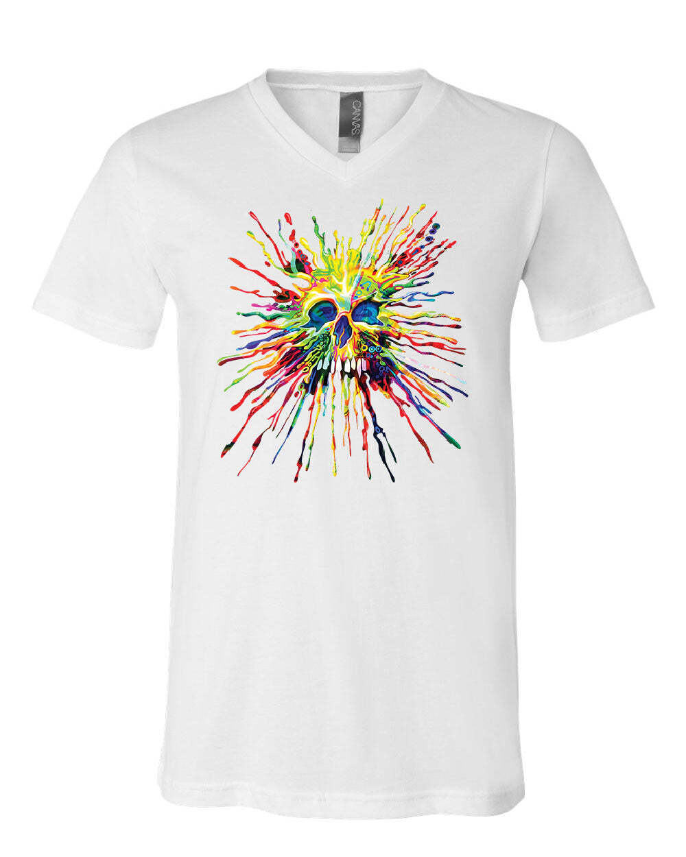 Paint Splatter Skull V-Neck T-Shirt Multicolor Art Crazy Melting Drip Tee S