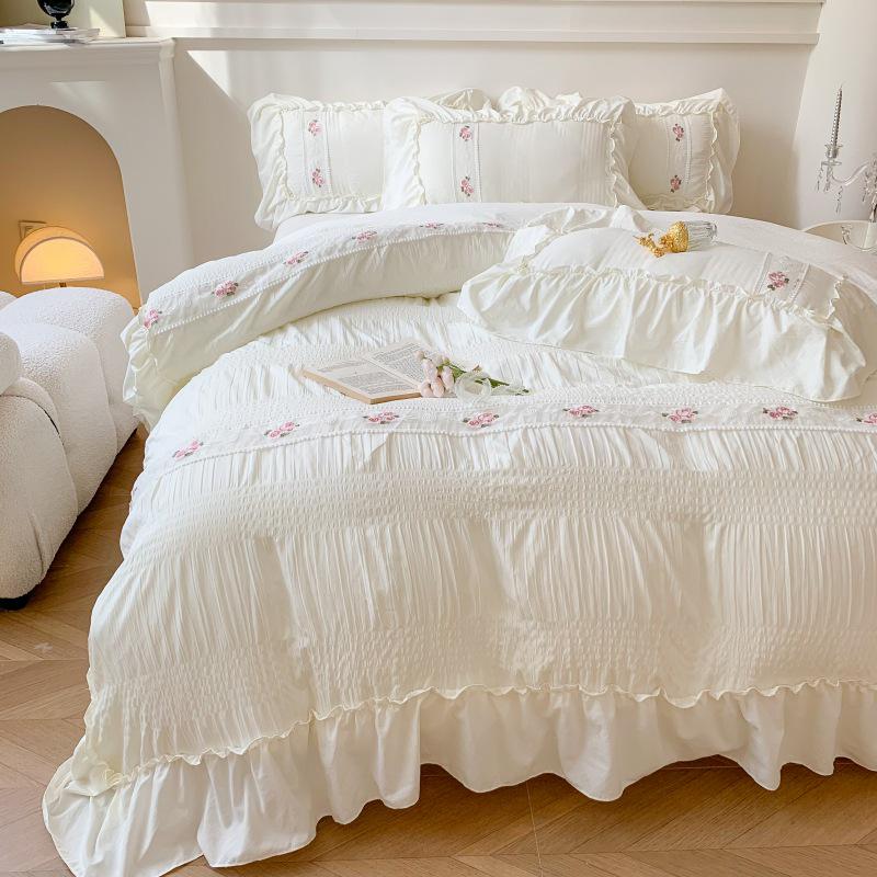 French Seersucker Embroidered Lace Duvet & Sheet Set, 3-Piece Bedding