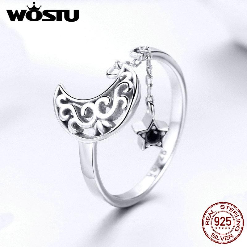WOSTU Authentic 100% 925 Sterling Silver Moon Stars Rings For Women Original Luxury Ring Fashion Classic Jewelry Gift CQR479