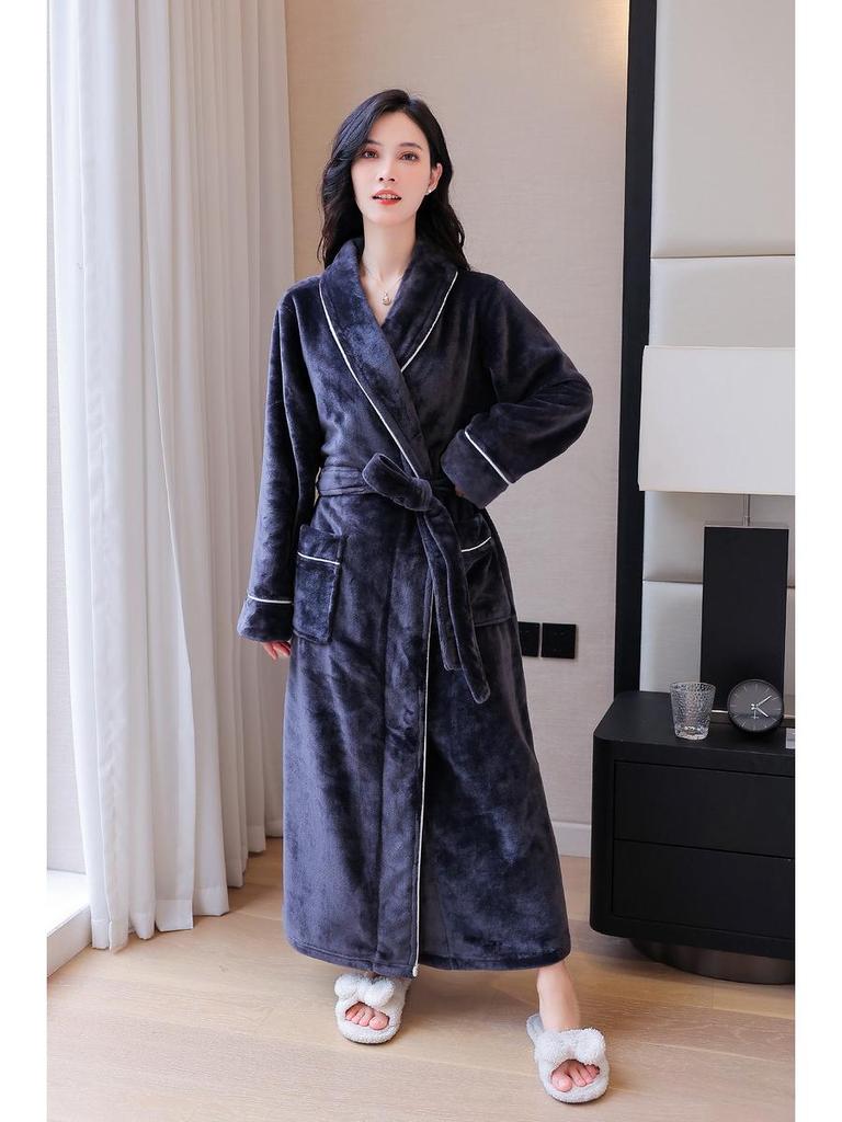 Couple's Coral Fleece Pajama Set: Women's & Men's Long, Thick, Warm Bathrobe for Autumn & Winter