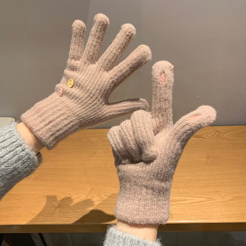 Solid Color Knitted Gloves for Women's Winter Cycling Cold Proof Cute Split Finger Simple Leaky Finger, Touch Screen Gloves