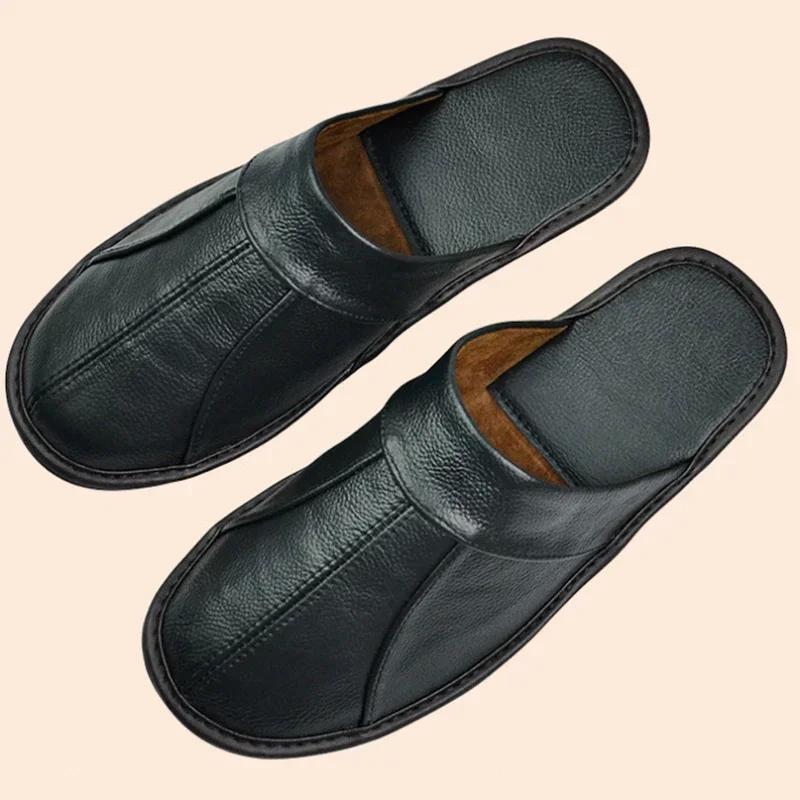 Genuine Cow Leather Slippers Homes in Indoor Slipper Spring Autumn Summer Men Women Elderly Non-slip Casual Single Slides Shoes