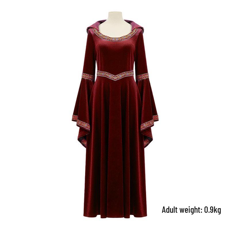 

Medieval Renaissance Witch Cosplay Bell Sleeve Dress in Wine Red XL