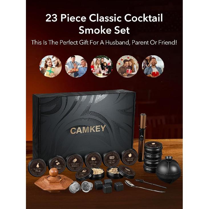23Pcs Whiskey Smoker Kit with Torch-12 Wood Chips, Ice Ball Mold, Cocktail Smoker Infuser Kit, Old Fashioned Drink Smoker Kit, Birthday Bourbon