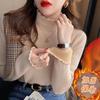 Semi-turtleneck Integrated Fleece Bottoming Shirt for Women, New Fleece Thickened Sweater for Autumn and Winter, Fungus Edge Knitted Sweater