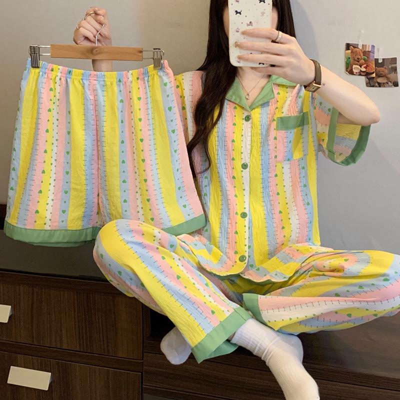 Leopard Print Love Heart Short Sleeve Pajama Set: Women's Summer Cloud Cotton Three-Piece Loungewear