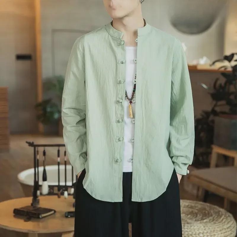 Men’s Chinese Style Long-Sleeve Linen Tang Suit Shirt and Jacket