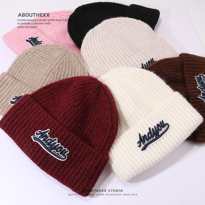 Autumn and Winter Wool Hat for Women's Letters Versatile Knitted Hat Korean Style Fashion Ear Protection Warm Hat Outdoor Student Pullover Hat