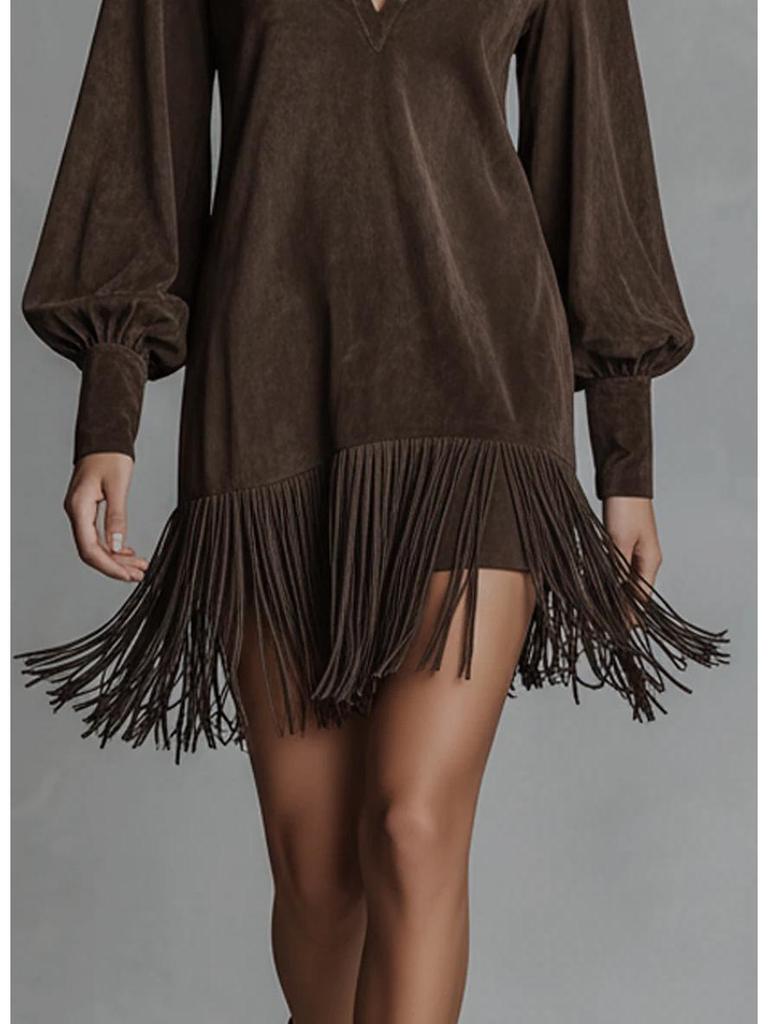 Western Cowboy Faux Suede Fringed Slim Fit V-Neck Dress for Women