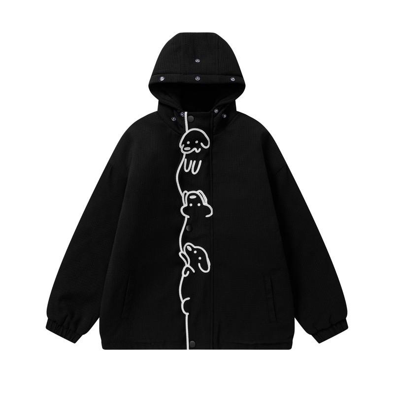 Unisex Oversized Hooded Cotton Puffer Jacket With Embroidered Dog Design Winter Warm Thick Fleece Lined Streetwear Coat