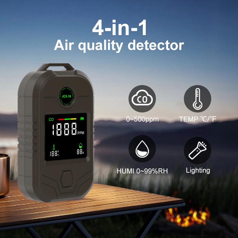 4-in-1 Portable CO Detector: Carbon Monoxide Alarm, Temperature & Humidity Monitor with Flashlight, Long-Lasting Battery