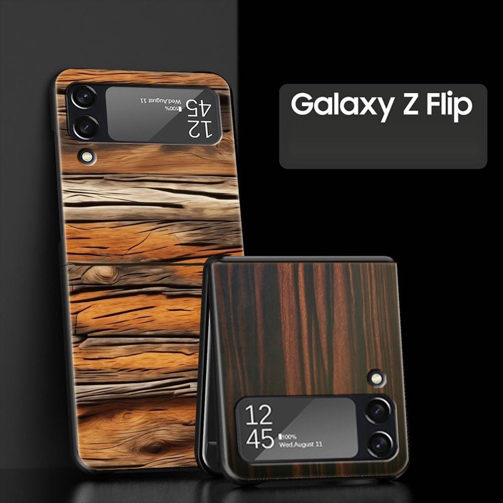 Luxury Vintage Wood Grain Pattern Hard PC Phone Case For Samsung Galaxy Z Flip 7 6 5 4 Black Cover For Galaxy Z Flip 3 Foldable