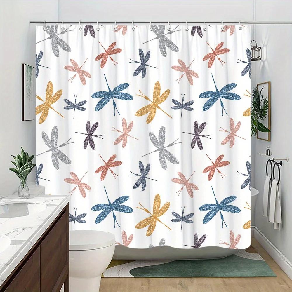 Dragonfly Pattern Shower Curtain - Minimalist Design In Pink, Blue,Yellow & Gray,12 Hooks,Hand-Drawn Quality, Playful Bath Decor
