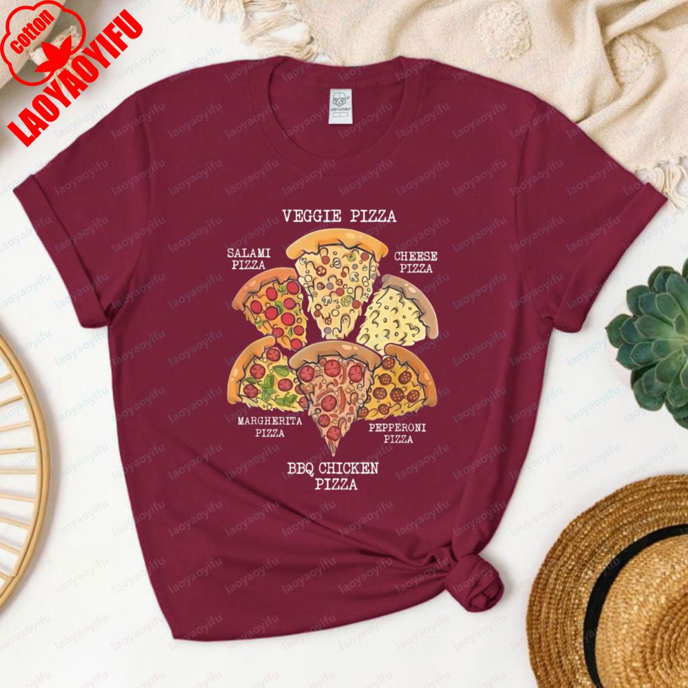Funny Pizza Flavors Tshirt Six Pizza Types Graphic Casual Cotton Tee Daily Wear Pizza Lover Vintage Fashion Streetwear for Women