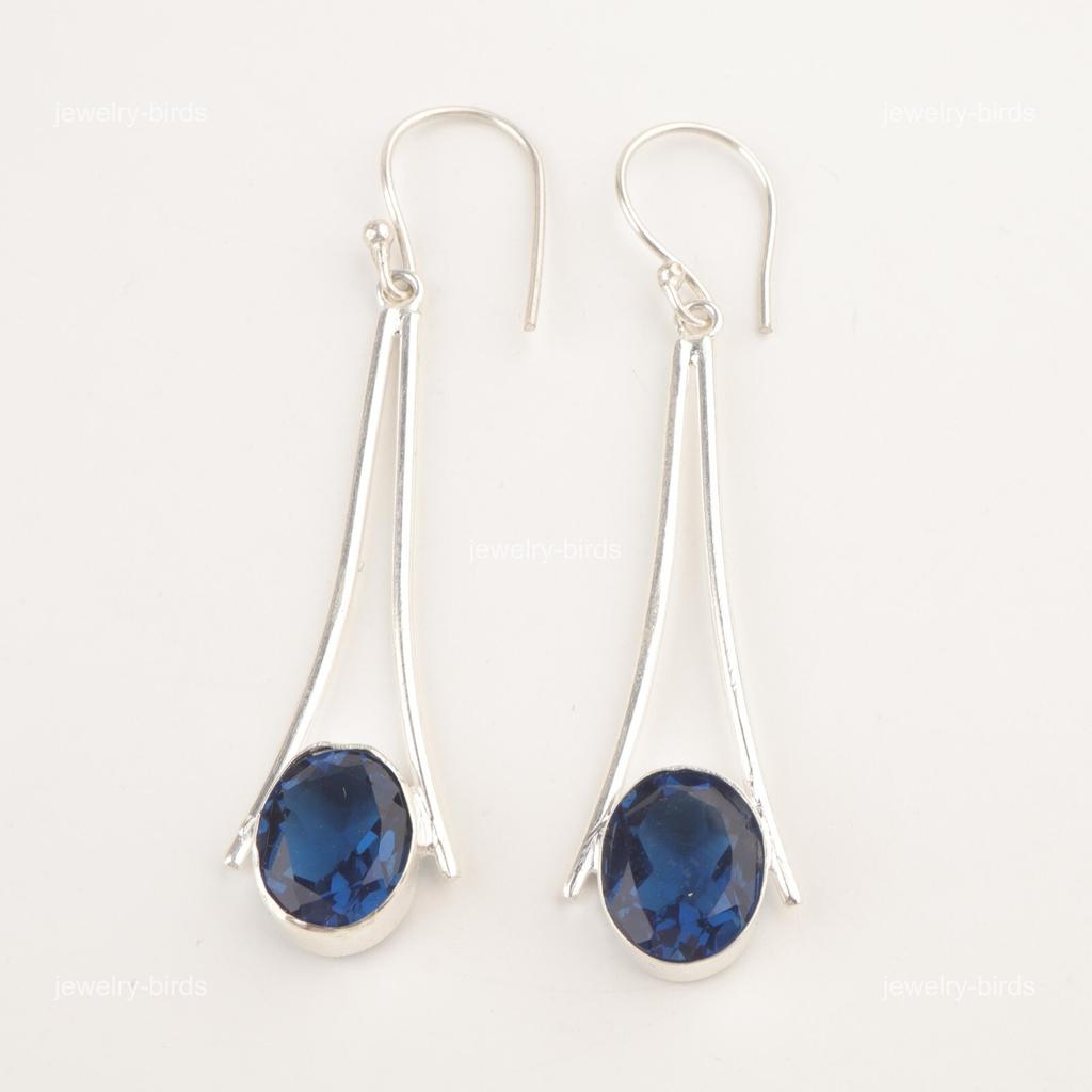 Oval London Blue Topaz Gemstone 925 Silver Dangle Drop Trendy Handmade Earrings EE-136-10