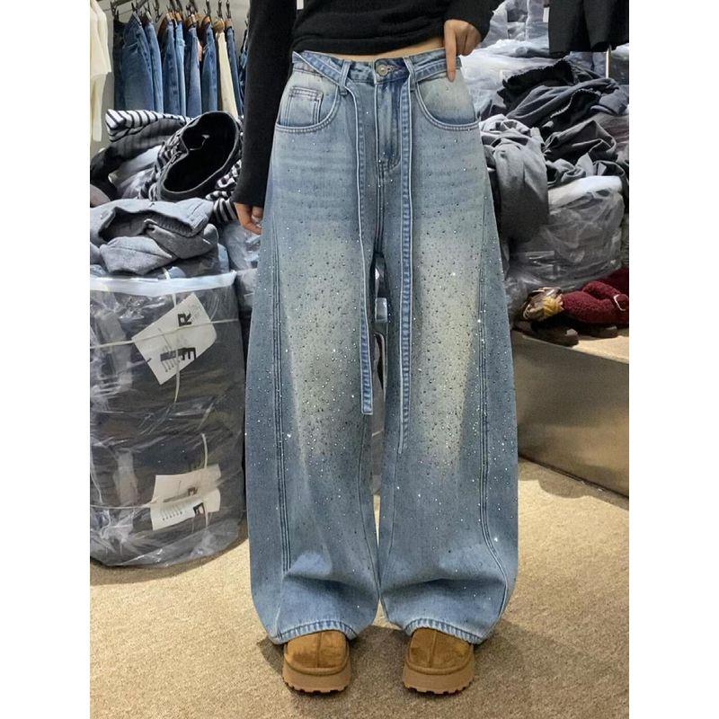 

Plus-Size American Retro Design Rhinestone Jeans for Women 2026 Spring and Autumn Loose Slimming Wide-Leg Floor-Length Pants Blue 2XL [Recommended 67.5-77.5kg]
