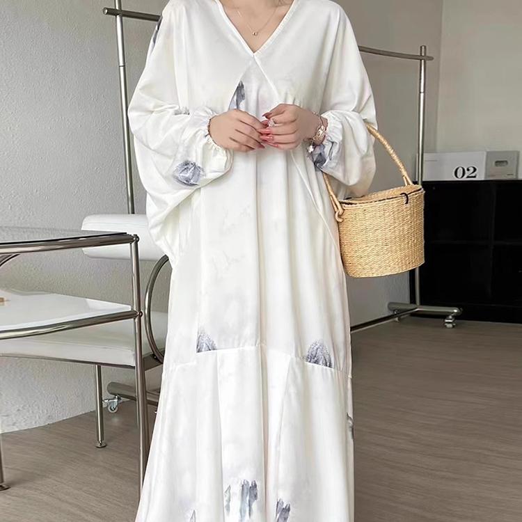 Moda Koreańska Elegancka Wiosna Lato Retro Wakacje Styl Dekolt w serek Atramentowy nadruk Projekt Luźna Swobodna Sukienka Z Rękawem Nietoperzowym Kobiety