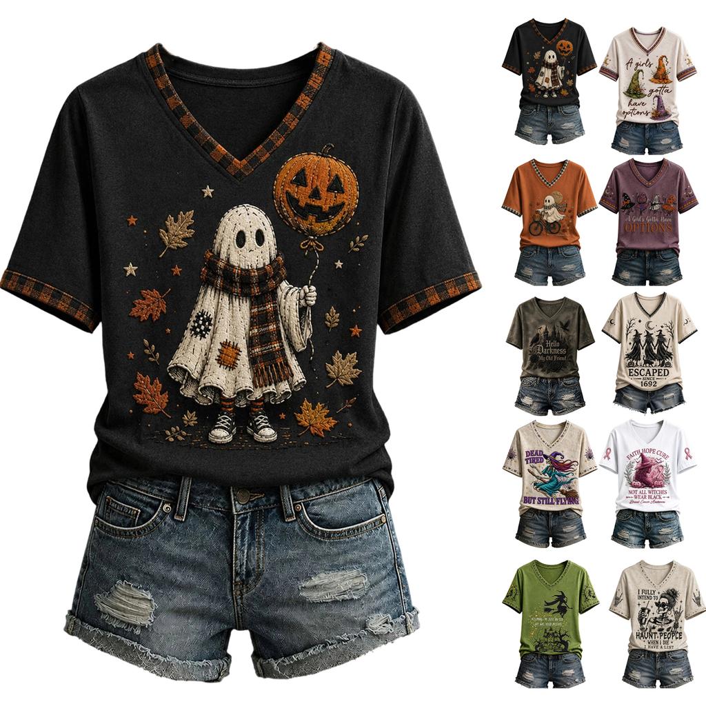Women's Casual V-Neck Short Sleeve T-Shirt with Halloween Print and Shoulder