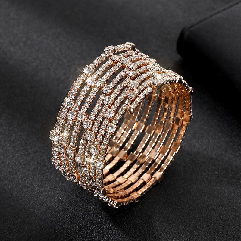 Claw diamond multi-row winding bracelet full diamond steel wire wide bracelet bride diamond-set opening elastic bracelet