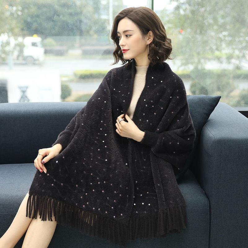 

Женская шаль-куртка из норки на осень и зиму с рукавами, вязаный свитер, накидка, плащ чёрный