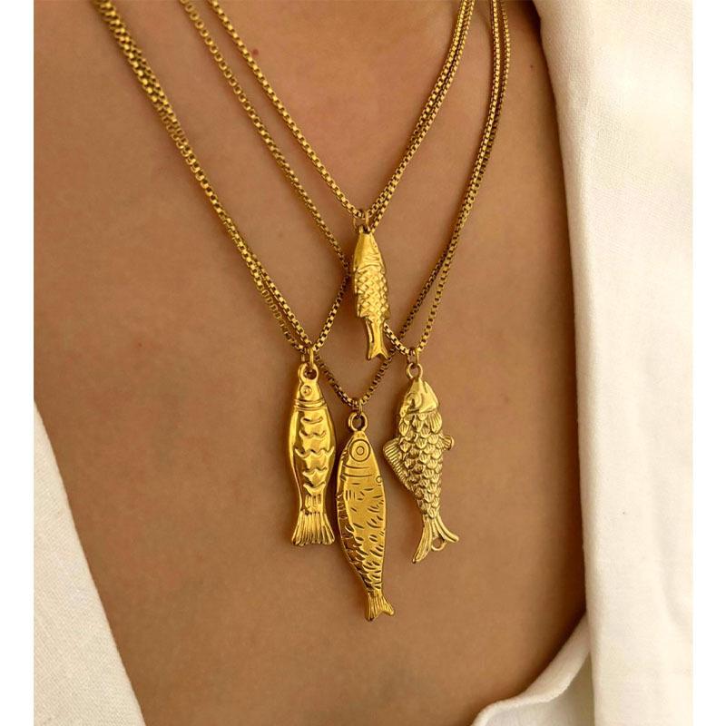 New Design Stainless Steel Gold Plated Fish Pendant Clavicle Necklace For Women Waterproof Beach Party Jewelry Accessories