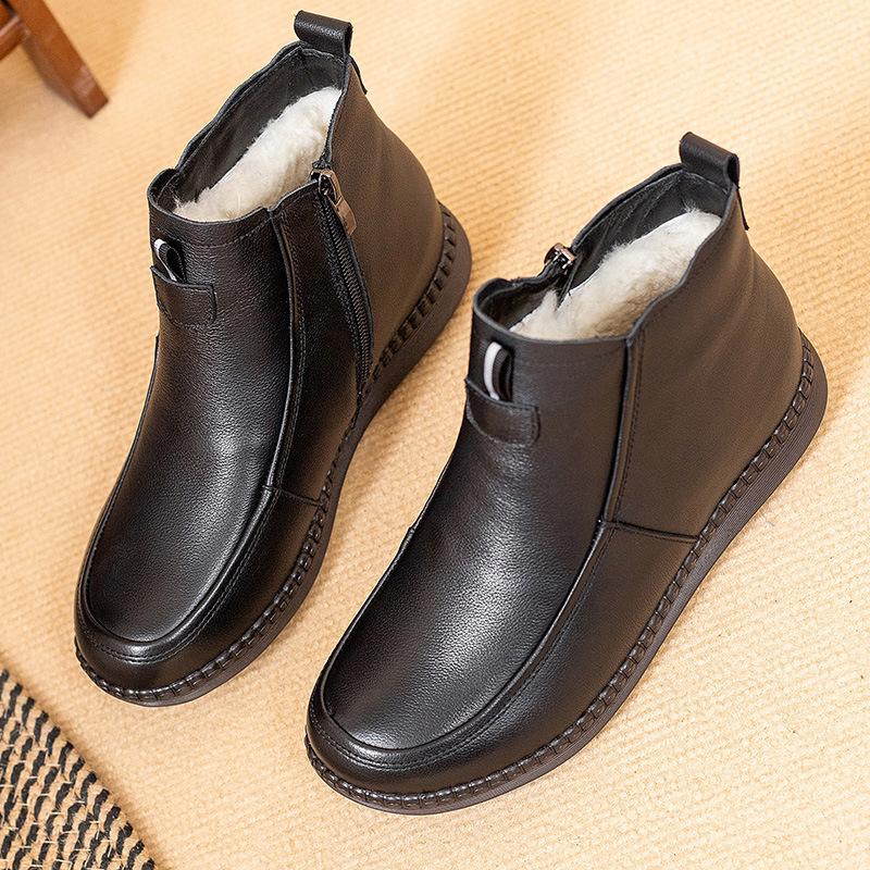 2025 Vinter Ekte Skinn Sko Kvinner Snøstøvler Helt Svart Varm Plysj Britisk Stil Merke Damer Chelsea Boots