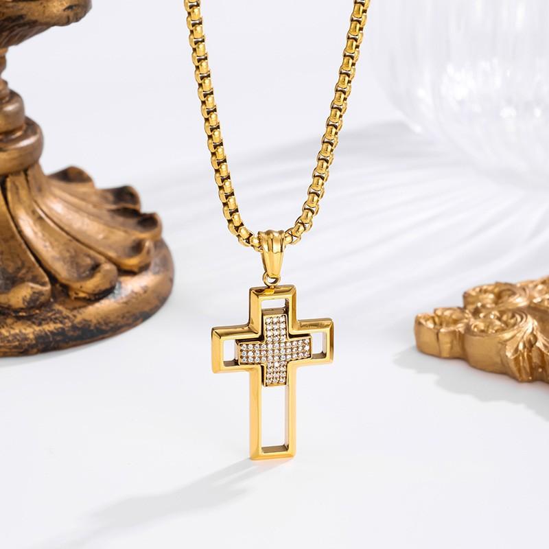 2026 Stone Cross Necklace Fashion Light Luxury Necklace Jewelry Premium Jewelry Full Diamond Men's Necklace