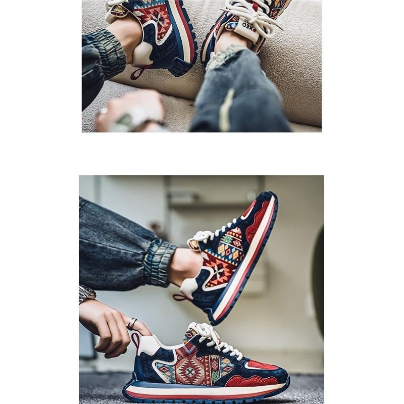 Men's Ethnic Pattern Retro Chunky Sneakers Casual Lace Up Outdoor Walking Shoes