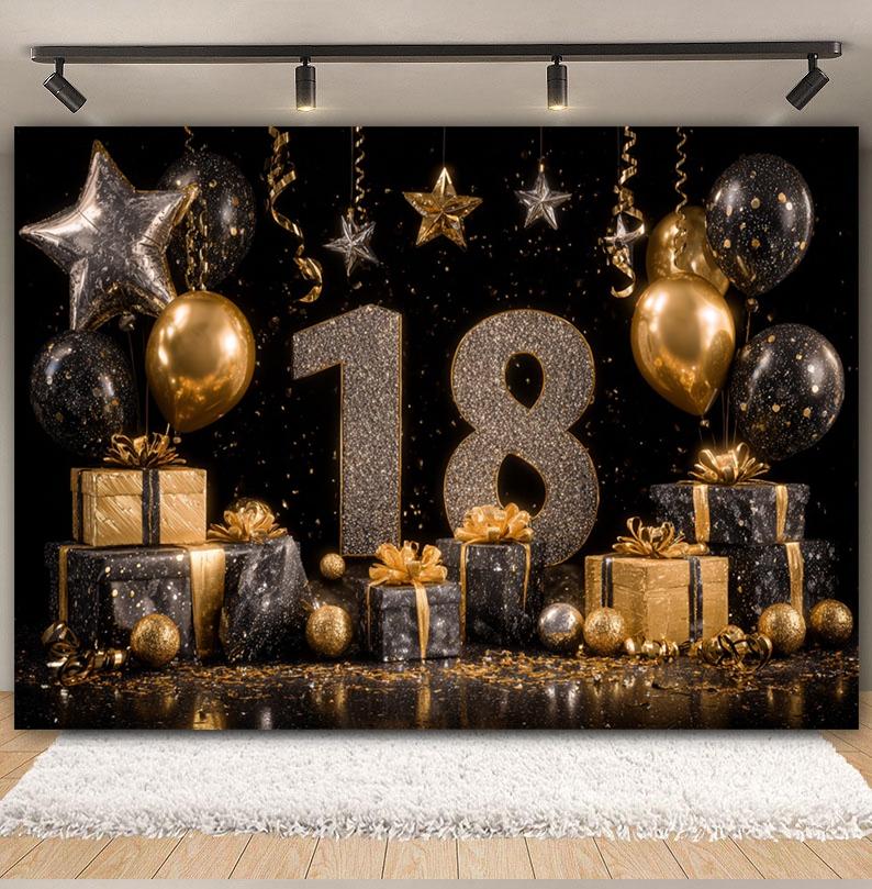 Black and Gold Balloon Gift Theme 18th Birthday Banner Backdrop Cloth Adult Gift Birthday Party Decoration Photography Backdrop