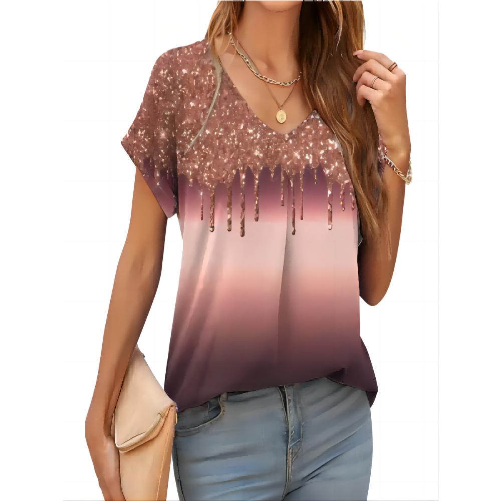 2026 New Summer Women T-shirt 3d Fashion Print Gradient Harajuku T Shirt Oversized Tee For Ladies Clothing New Short Sleeve V-Ne