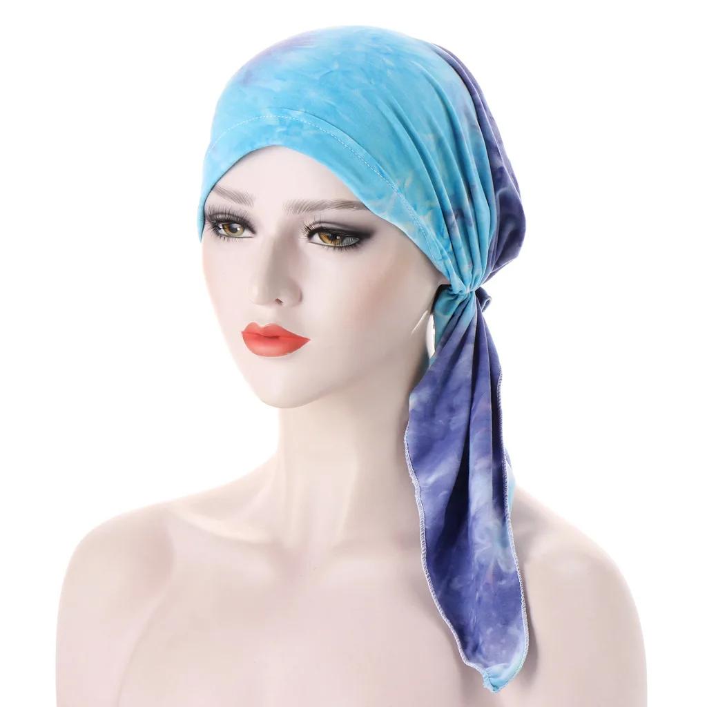 Women Printed Turban Cap Muslim Hijab Inner Caps Beanies Bonnet Long Tail Headscarf Strech Bandana Hat