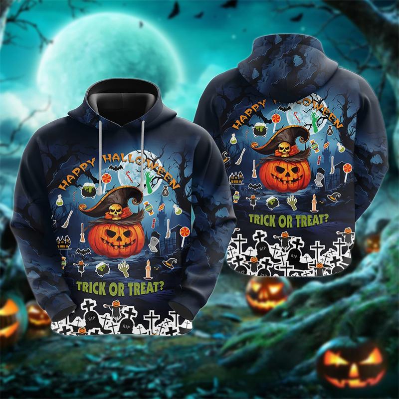 Funny 3D Horror Ghost Pattern Men's Hoodie Halloween Pumpkin Print Sweatshirts Hip Hop Trend Hooded Shirt Autumn Y2k Clothes Top