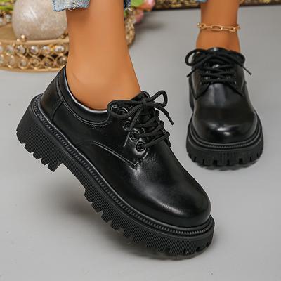 Damen Plateau Oxford Schuhe Mode Schwarzes PU Leder Schnürung Büro Arbeits Schuhe Frau Runde Spitze Klobiger Absatz Kleider Loafer 2026