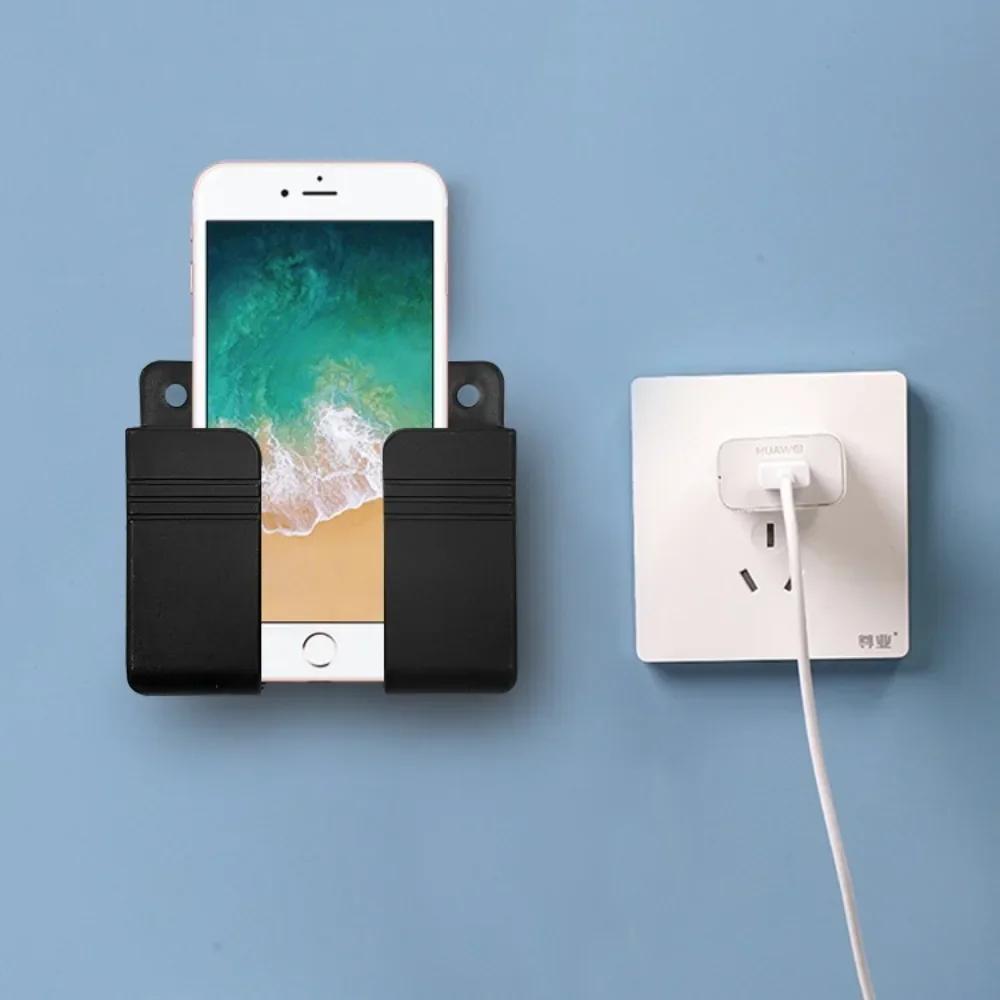 Wall Mounted Phone Holder IPhone Punch Free Wall Mobile Phone Charging Stand Lazy Sticky Remote Control Storage Box Bracket