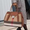 New Women's Vintage Checkered Handbag with Large Capacity Casual Versatile Canvas and Cowhide Wing Bag