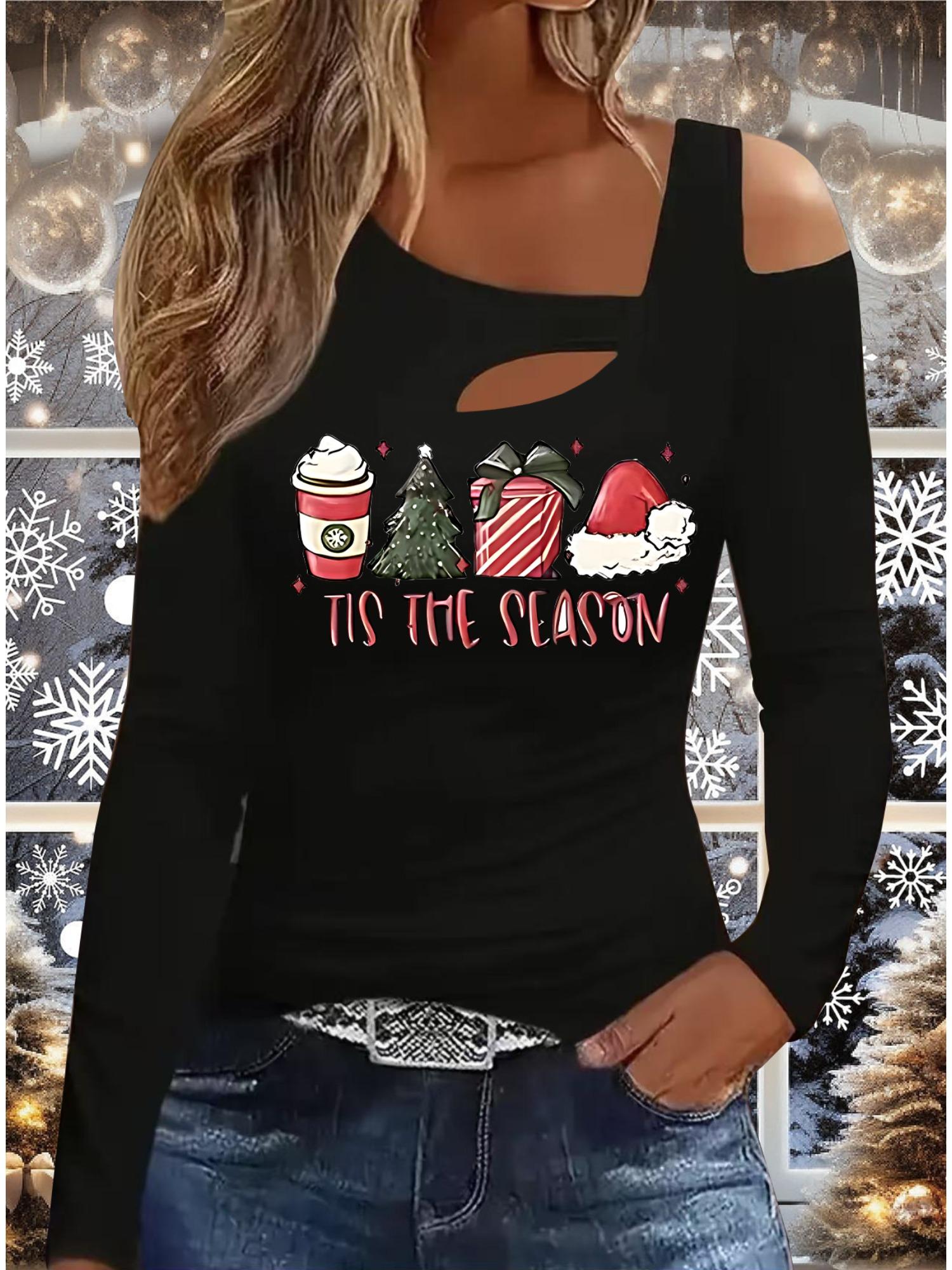 

Осень и Зима Женский Новый Повседневный Топ с Длинным Рукавом Рождественский Узор Идеальный Подарок на Хэллоуин Рождество Футболка S чёрный