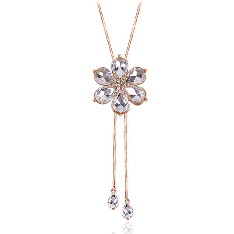 Korean Crystal Flower Sweater Chain Necklace - Long, Versatile for Autumn/Winter